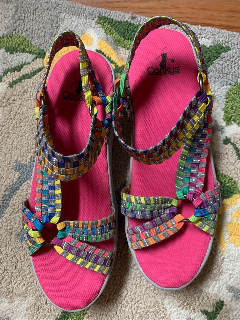 Corkys Hot Pink Footbed Multicolor Woven Slingback Sandals - Picture 1 of 5